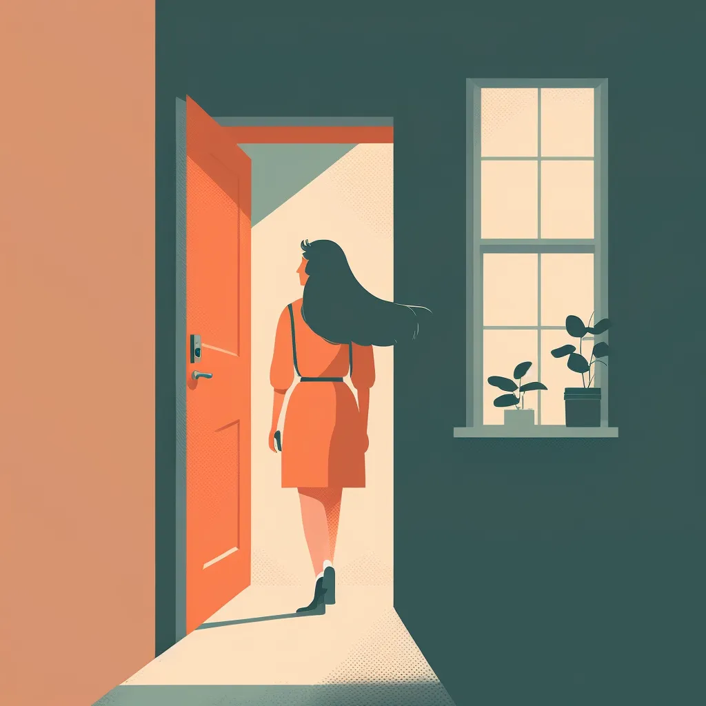 tech illustration, woman leaving her home, simple minimal, by slack and dropbox, style of behance